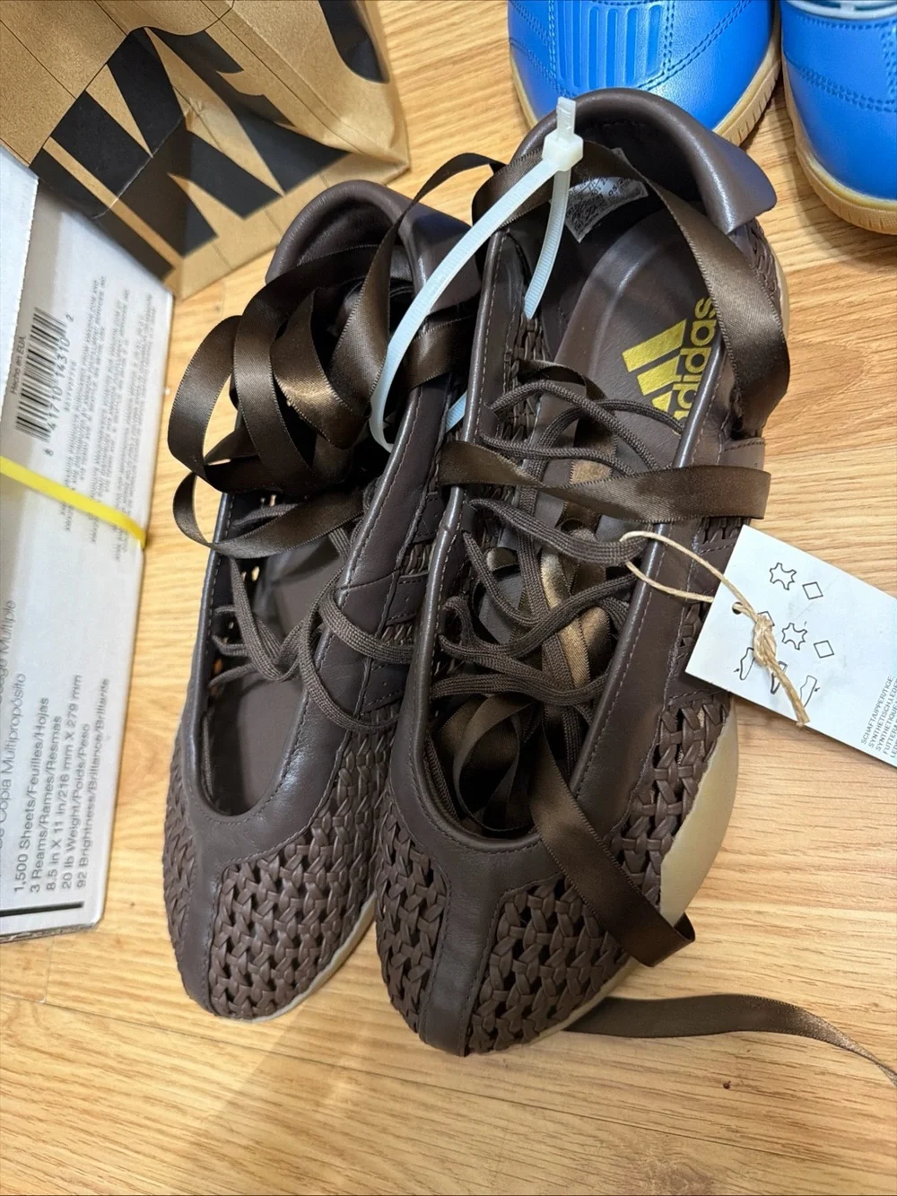 adidas Woven Brown Leather-Trim Lace-Up Flats